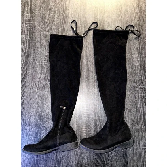 Shoeland Black Faux Suede Over Knee OTK Flat Boots Women 6 Thigh High Zip
