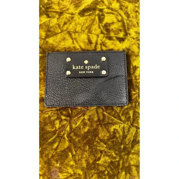 Kate Spade New York Black Leather Card Holder Wallet Gold Logo Plaque