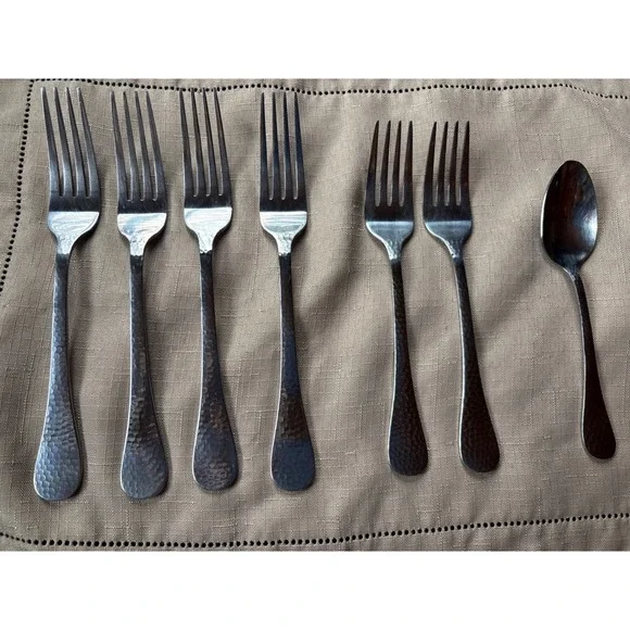 Wallace‎ Kaylee 18/0 Stainless Hammered 7pc Flatware Set 4 Forks 2 Salad 1 Spoon