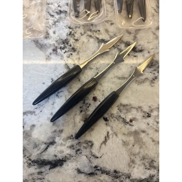 15‎ NOS Vtg MCM Hors d'oeuvres Stainless Black Handled Olive Picks Forks Japan
