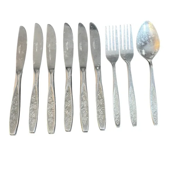 Customcraft Stainless Taiwan Flatware Silverware Textured Rose MCM‎ 9 Pieces