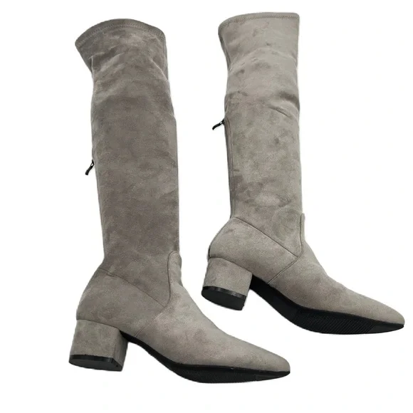 Faux Suede Over‎ The Knee Boot Size 8 Point Toe Block Heel Gray Neutral Baddie