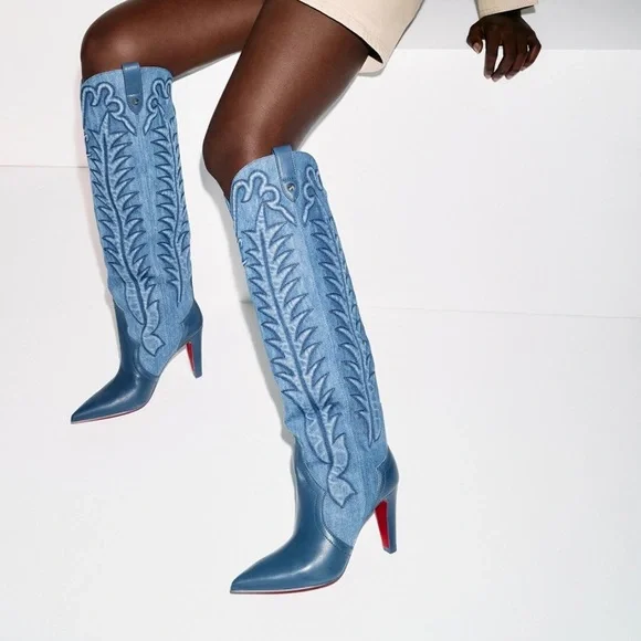 Christian Louboutin Santia 85mm Knee-High Western Boots in Leather and Denim