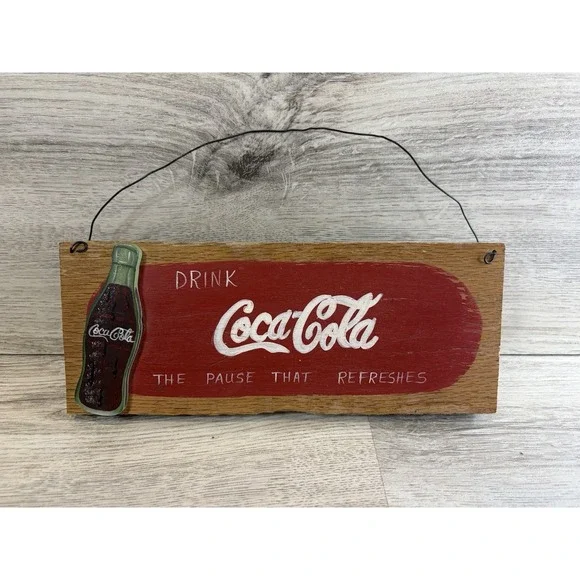 Vintage Coca Cola Small‎ Wooden Sign Wire Hanger Decor Coke