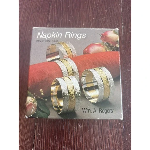 Wm. A. Rogers Napkin Rings Set of 4 Silver Plate with Brass New in Box 0117306