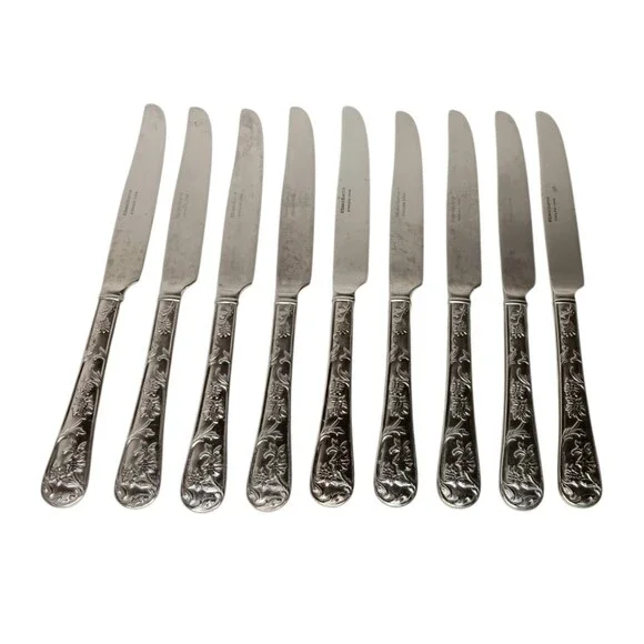 Reed & Barton Queens Garden 9 Dinner Knives Glossy Stainless Flatware Floral