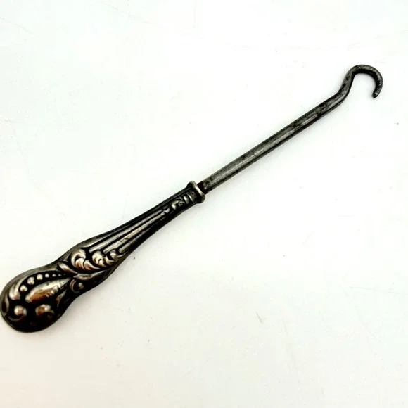 Antique Sterling Silver Button Hook Ornate Floral Scroll Handle Tool