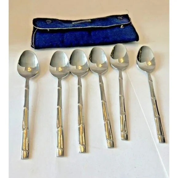 PRESENT Japan Stainless BORNES‎ Line 6 Teaspoons Dotted Bamboo Handle 6.5