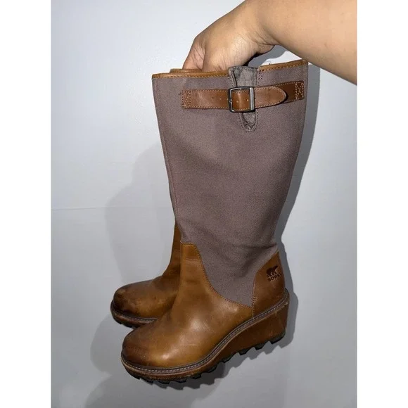 Women's 9.5 Sorel Cool Canvas Boots Brown Leather Knee High Wedge Side Zip Tall