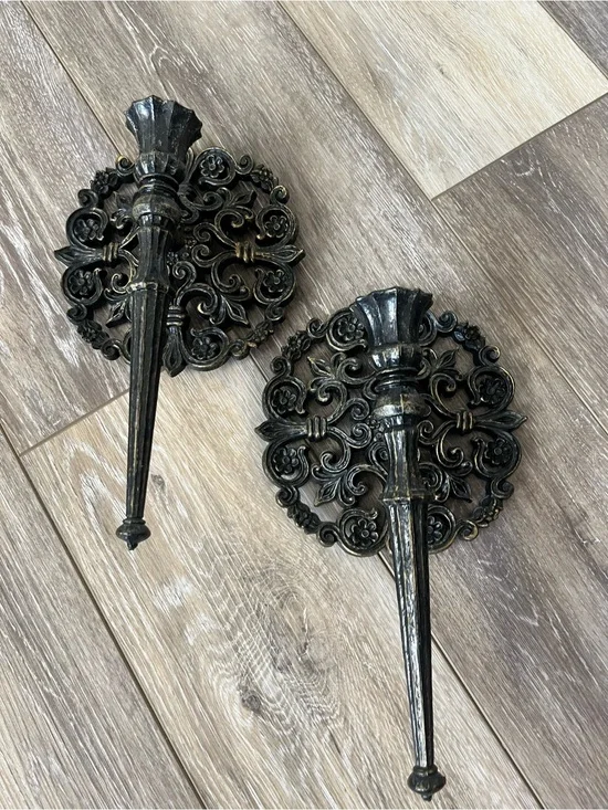 Vintage Homco Black and Gold Ornate Wall Hook Pair