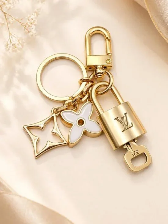 Louis Vuitton Gold Padlock Key 🔒 Authentic LV Charm + Unbranded Flower Keychain