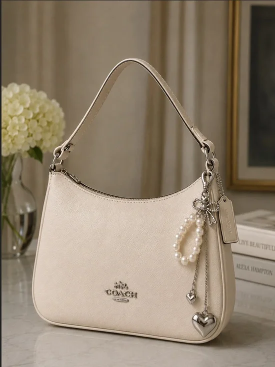 New Large Faux Pearl with Silver Tone Hearts Bag Charm / Keychain Feminine Gift