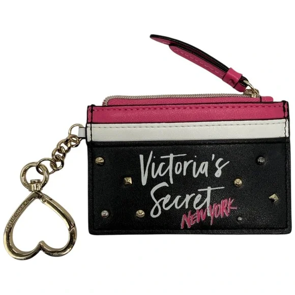 Victoria's Secret New York Card Case Keychain Studded Zip Wallet‎ Black Pink