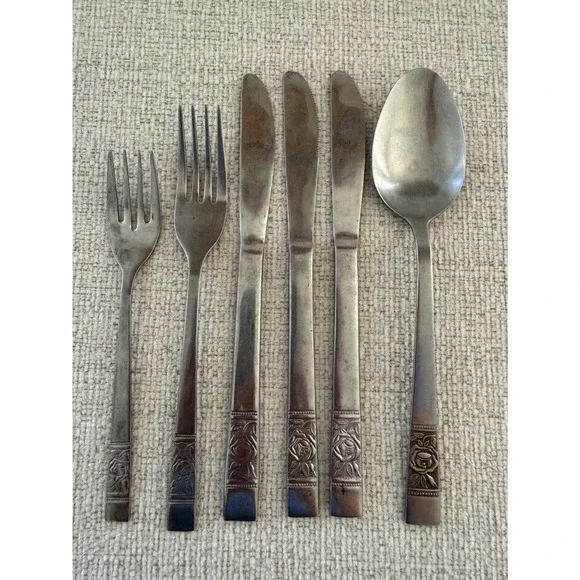 Vintage Laureen Black Rose Pattern Flatware National Stainless Lot of 6