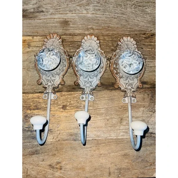 Boho Chabby Chic Home Decor Wall Hooks Set of 3 Bronze Glass 8