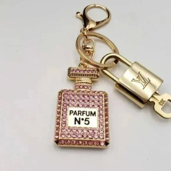 LV Authentic Gold Padlock 🔒 Key Set w/ Unbranded N5 Bottle Keychain Charm