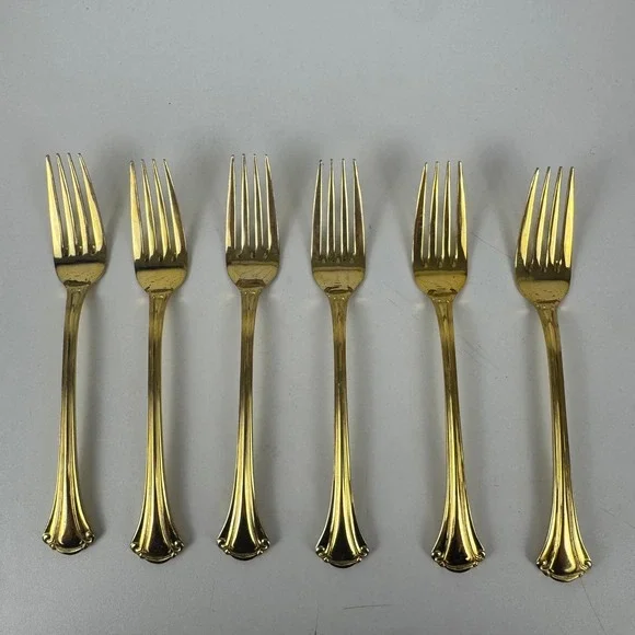 Vtg Royal Gallery Gold Tone Dinner Forks Set 6 Japan Flared Scroll Handle