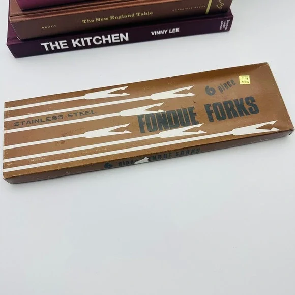 Vintage HIC 6 Piece Stainless Steel Fondue Forks Wood Handle Color Tips Box