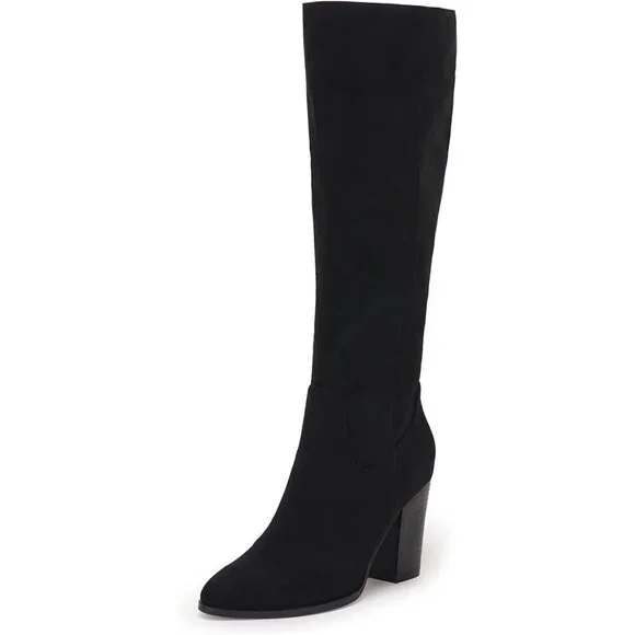 Women Faux Sueder Black Knee High Chunky Heel Side Zipper Stretch Winter Boot