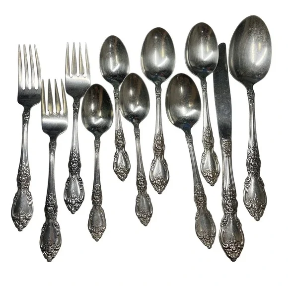 Oneida 11pc Stainless Flatware Damask Rose Floral Ornate Cottagecore