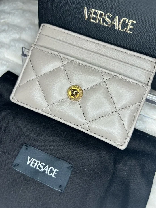 Versace Quilted Card Holder in Beige with Gold Medusa Accent