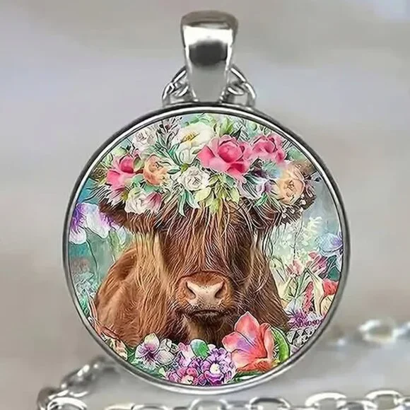 Silver HIGHLAND COW Roses Glass Cabochon Pendant Necklace