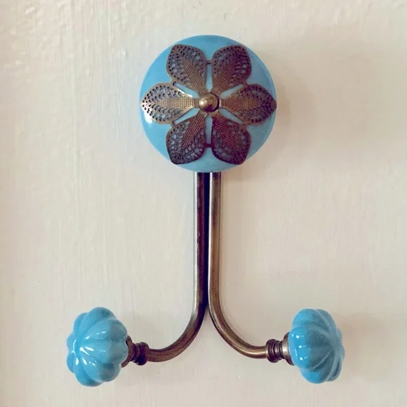 EUC Pier 1 Blue & Brass Antique Look Decorative Wall Hook