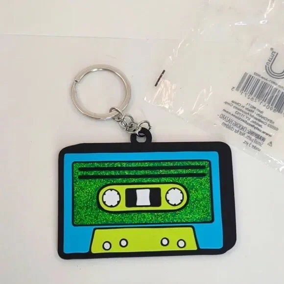 Retro Cassette Tape Key Chain Green Blue Black Glitter Soft Plastic 80s