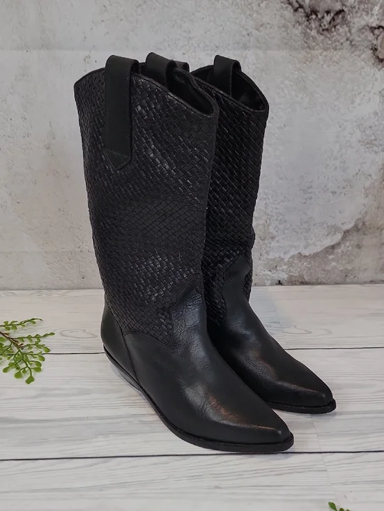 Unbranded Sample Black Woven Leather Mid-Calf Cowboy Boots - Women's Size 7