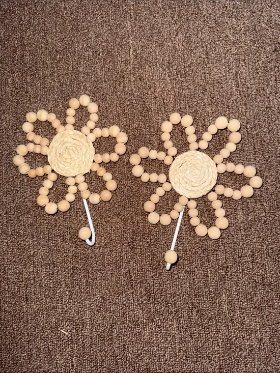 Natural Wood Bead Boho Flower Wall Hooks - Set of 2