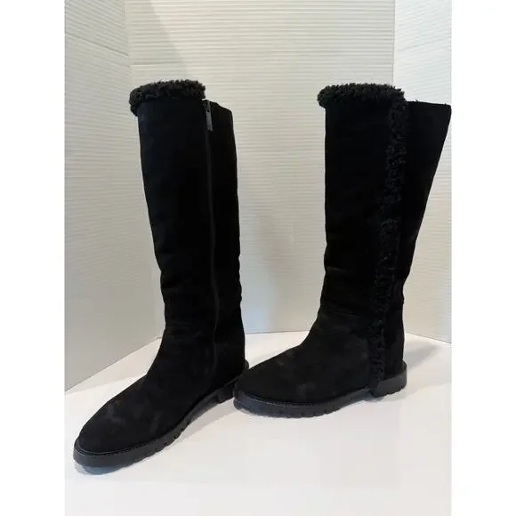 Aquatalia Cheyenne Black Lug Sole Suede Shearling Fur Lined Boots Italy‎ Sz 7M