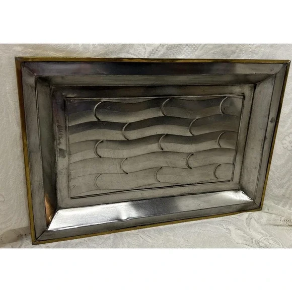 Metal Tray Two‎ Tone Silver Gold Faux Bamboo Pattern Made in Mexico