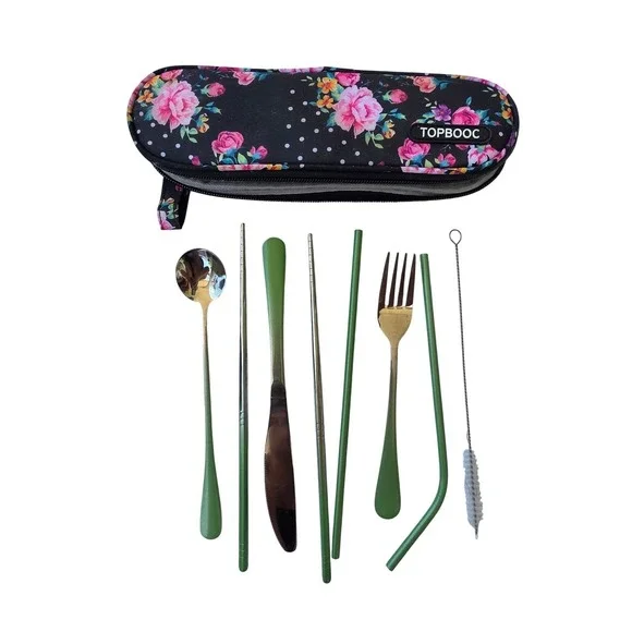 TOPBOOC Portable Travel Cutlery Set Stainless Steel Green 8 Piece Floral Case K3