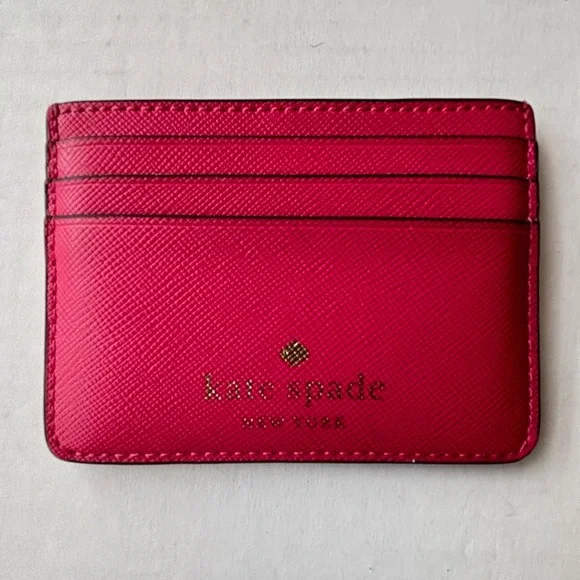 Kate Spade New York Pink Saffiano Leather Slim Card Holder Wallet Gold Logo