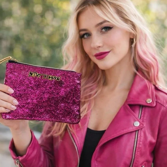 Betsy Johnson zip up‎ card holder/wallet pink sparkle