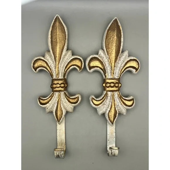 Pair of Fleur De Lis Wall Hooks White Gold Crackle French Country Decor 10