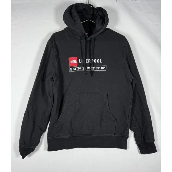 North Face Liverpool Hoodie Men's Medium Black GPS Coordinates Sweatshirt READ