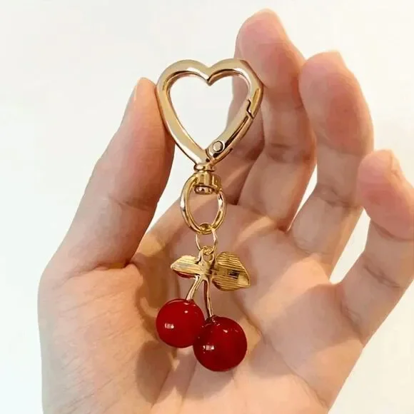 Cherry Red Gold Heart Keychain Bag Pendant Charm