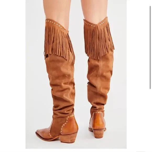 Free People Wayne Fringe Suede Over The‎ Knee Leather Western Boots Brown 6 NIB