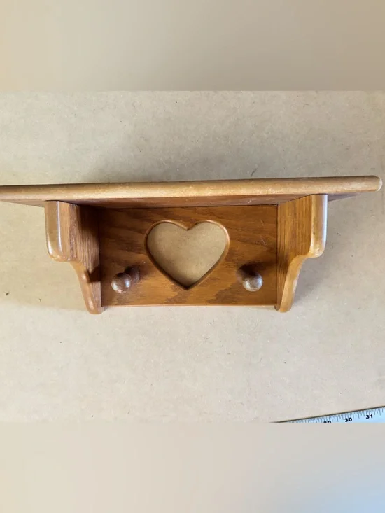 Hand Crafted Wooden Heart Hook Shelf in Light Brown