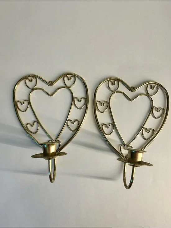 Heart-Shaped Brass Metal Wall Sconces Candle Holders - Pair MCM