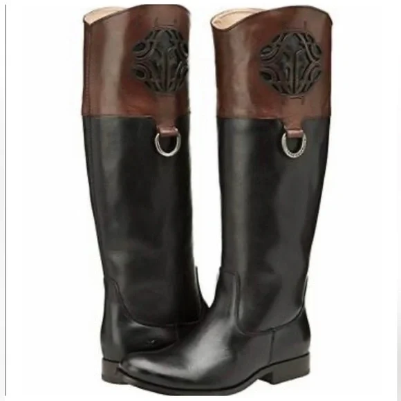 Frye Vintage Melissa Logo Monogram Riding Boots Black/Cognac Brown Size 6 $598
