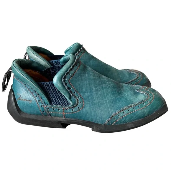 John Fluevog Future Angel Slip-on Wingtip Brogue Shoes Sz 7 Teal Leather