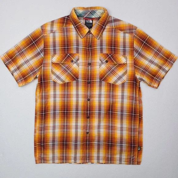 North Face Shirt Mens Small Orange Yellow Plaid Short Sleeve Button Up Outdoor