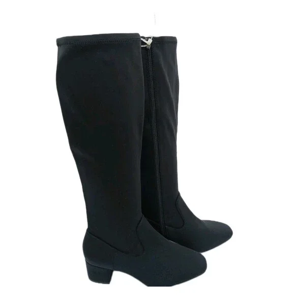 NEW- Size 7.5M Womens Alex Marie Zip Up Knee High Boots Chunk Heel Fabric Black
