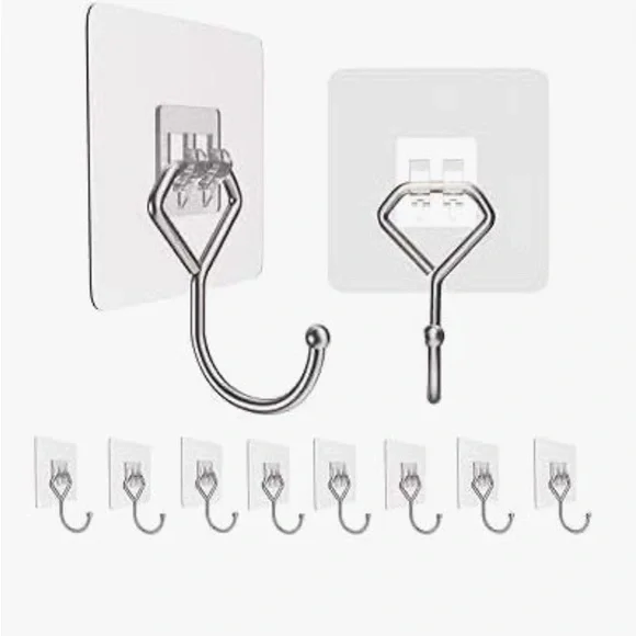 2/$40 💥 NEW Large (10) Wall Adhesive Hooks (44lb max) Clear & Removable (4431)