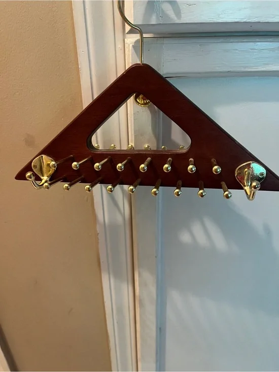 Wooden Wall tie & belt Hanger with Gold Hooks - Brown