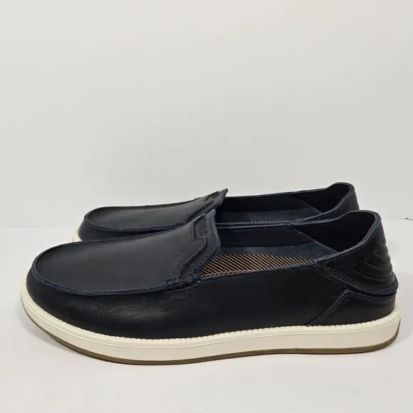 $140 Olukai Kākaha Nia Mens 11 Leather Slip On Shoes Loafer Casual Indigo Blue