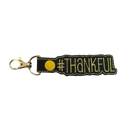Thankful Embroidered Black Gold Keychain‎ New No Tags