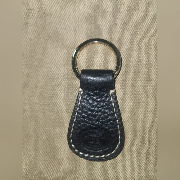 Dooney And Bourke Pebbled Leather DB Key Fob Purse Charm Black Cream Stitching